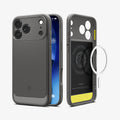 ACS09941 - iPhone 17 Pro Rugged Armor (MagFit) in Gray showing the back, partial sides, front, inner of the case and metal ring plate hovering in front