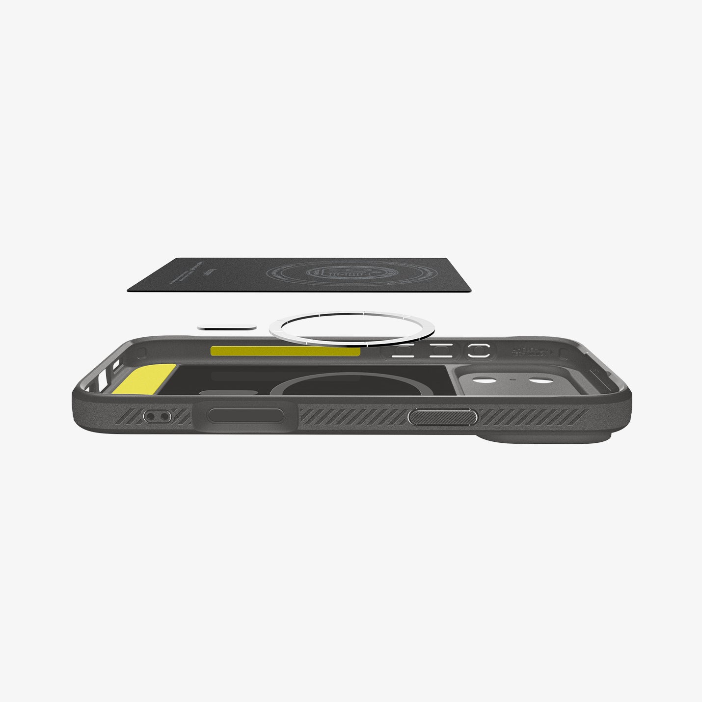 ACS09887 - iPhone 17 Pro Max Rugged Armor (MagFit) in Gray showing the detached inner soft layer cover hovering above the detached metal ring plate and the inner of the case
