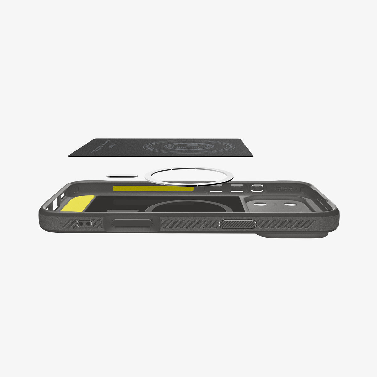 ACS09941CA - iPhone 18 Pro / iPhone 17 Pro Rugged Armor (MagFit) in Gray showing the detached inner soft layer cover hovering above the detached metal ring plate and the inner of the case