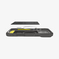 ACS09887CC - iPhone 18 Pro Max / iPhone 17 Pro Max Rugged Armor (MagFit) in Gray showing the detached inner soft layer cover hovering above the detached metal ring plate and the inner of the case