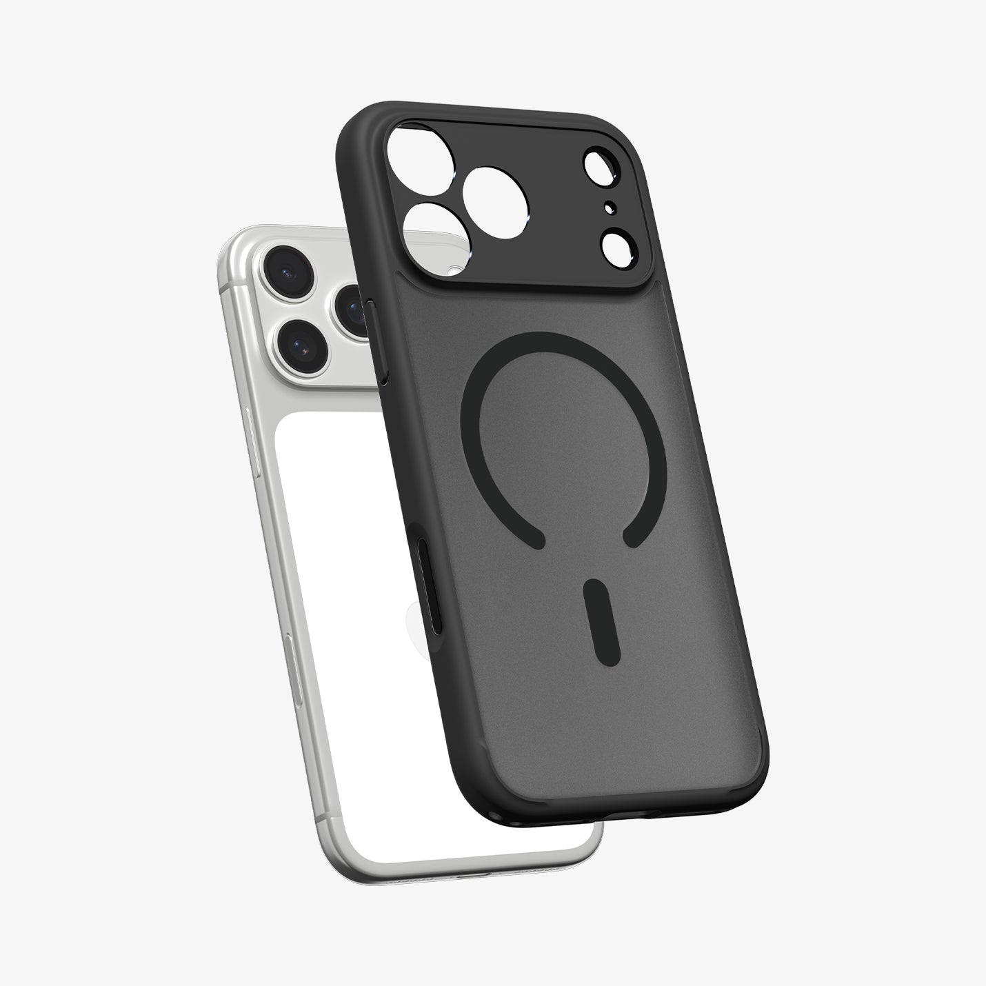 ACS10069CA - iPhone 18 Pro / iPhone 17 Pro Ultra Hybrid (MagFit) in Frost Black showing the front of layer hovering above the magfit magnet plate and the case