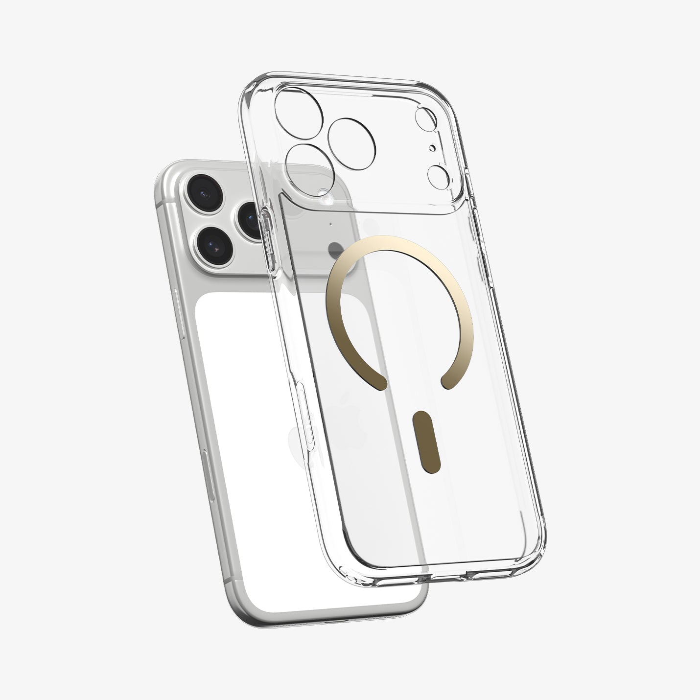 ACS10068 - iPhone 17 Pro Ultra Hybrid (MagFit) in Clear Gold showing the front of layer hovering above the magfit magnet plate and the case