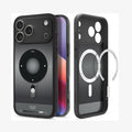 ACS10076 - iPhone 17 Pro Case Ultra Hybrid Classic (MagFit) in Classic Black showing the back, partial front, and inner while detached magnet is hovering in front of the case