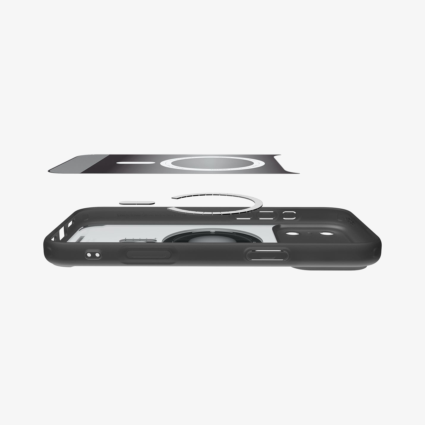 ACS10076 - iPhone 17 Pro Case Ultra Hybrid Classic (MagFit) in Classic Black showing the inner sticker, hovering above the detached magnet ring and the case