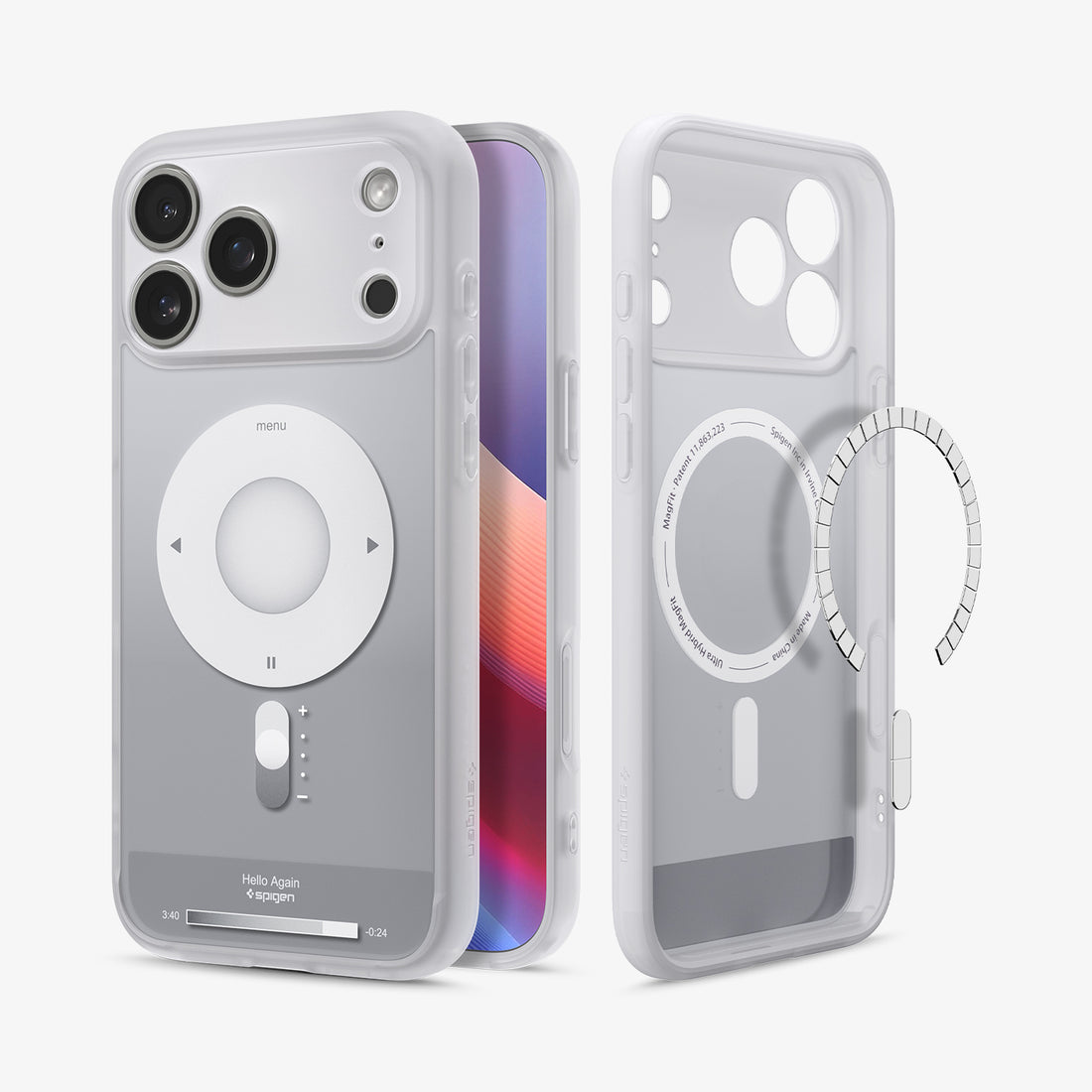 ACS10075 - iPhone 17 Pro Case Ultra Hybrid Classic (MagFit) in Classic Silver showing the back, partial front, and inner while detached magnet is hovering in front of the case