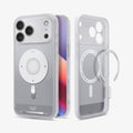 ACS10075 - iPhone 17 Pro Case Ultra Hybrid Classic (MagFit) in Classic Silver showing the back, partial front, and inner while detached magnet is hovering in front of the case