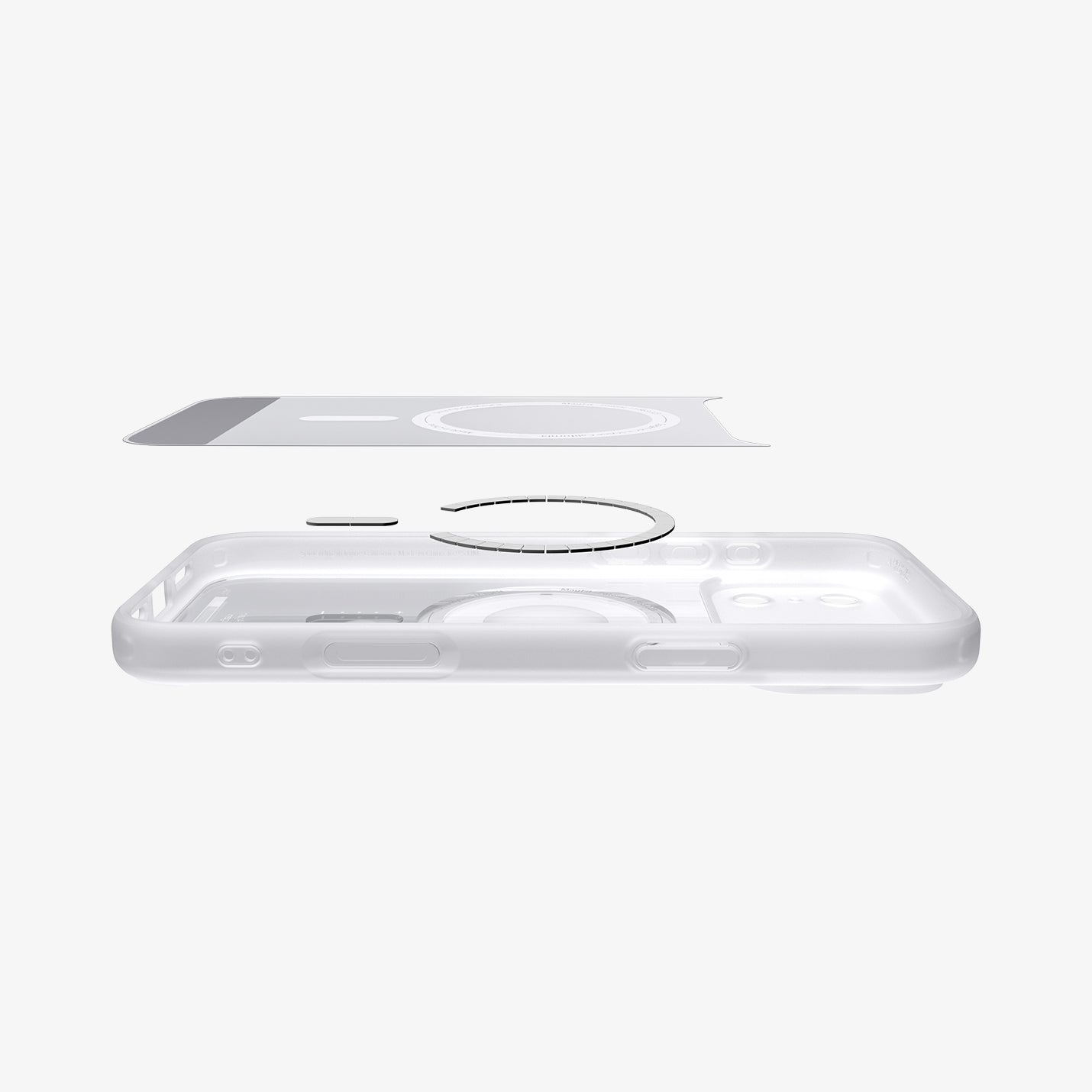 ACS10075 - iPhone 17 Pro Case Ultra Hybrid Classic (MagFit) in Classic Silver showing the inner sticker, hovering above the detached magnet ring and the case