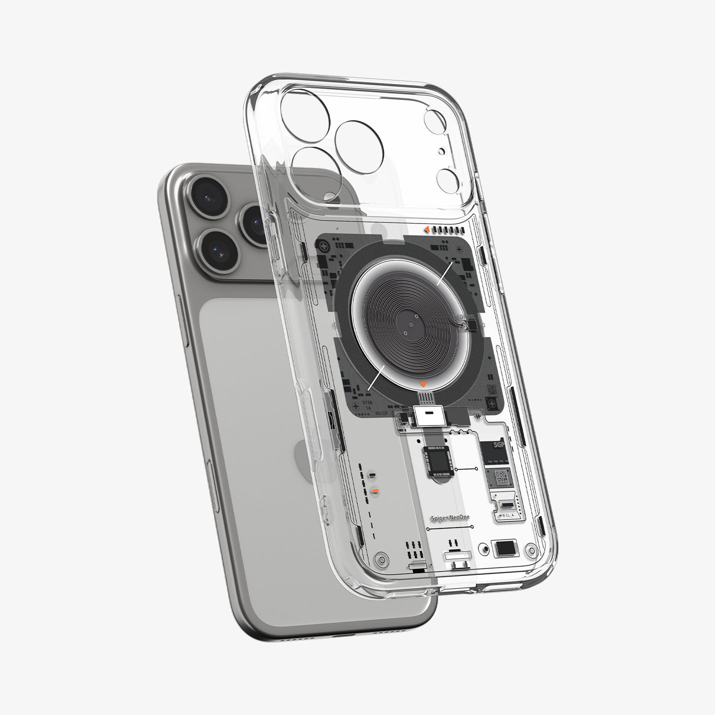 ACS10074CC - iPhone 18 Pro / iPhone 17 Pro Ultra Hybrid Neo One (MagFit) showing the front of layer hovering above the magfit magnet plate and the case
