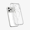 ACS10066 - iPhone 17 Pro Ultra Hybrid (MagFit) in Clear White showing the front of layer hovering above the magfit magnet plate and the case