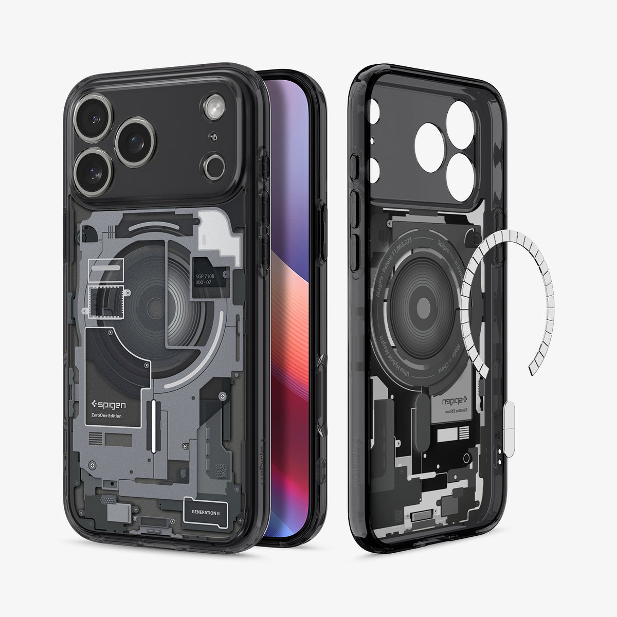 ACS10073CC - iPhone 18 Pro / iPhone 17 Pro Ultra Hybrid Zero One (MagFit) Black showing front and back angled views with transparent protection and a teardown-inspired design