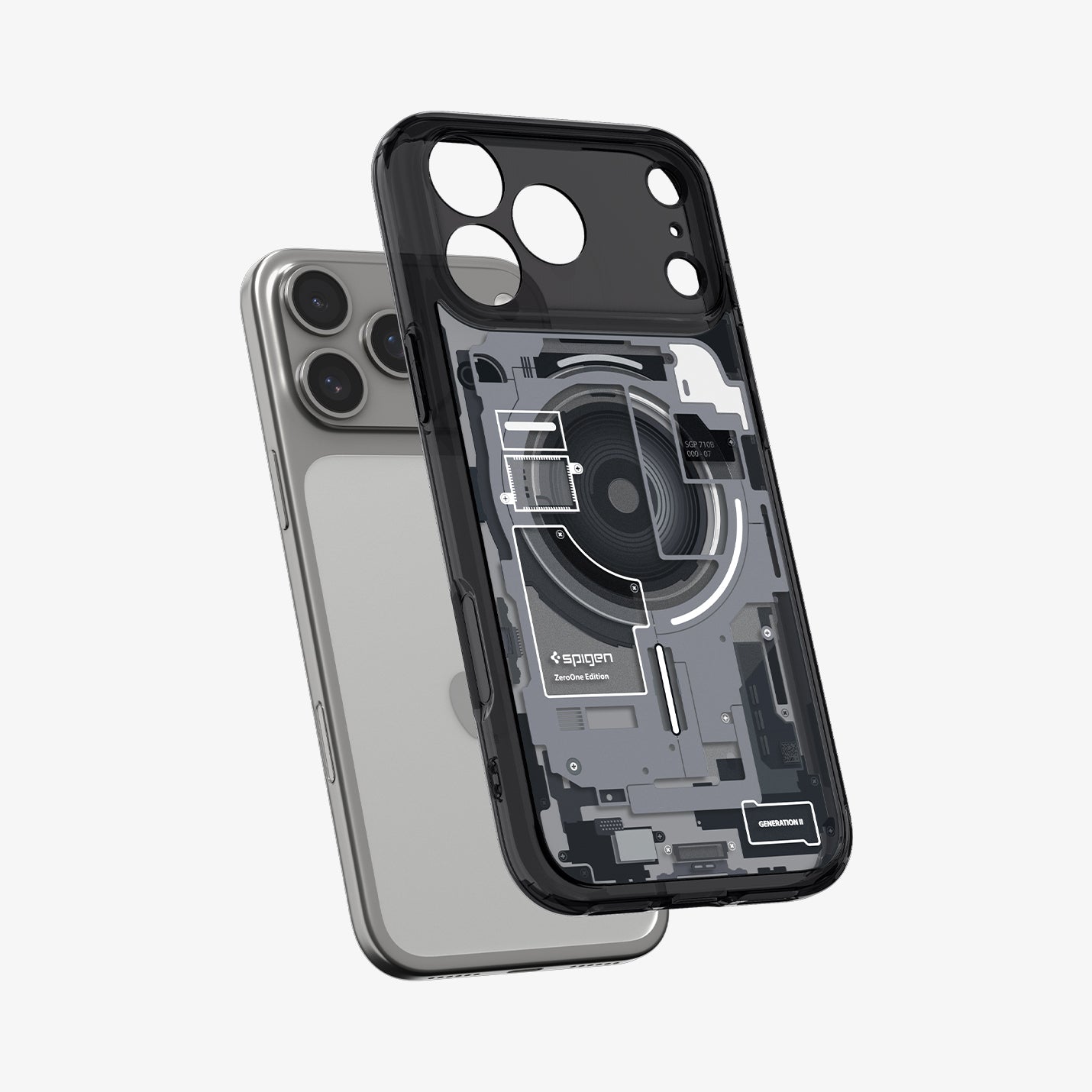 ACS10073 - iPhone 17 Pro Case Ultra Hybrid Zero One (MagFit) in Zero One Black showing the back, hovering in front of the device