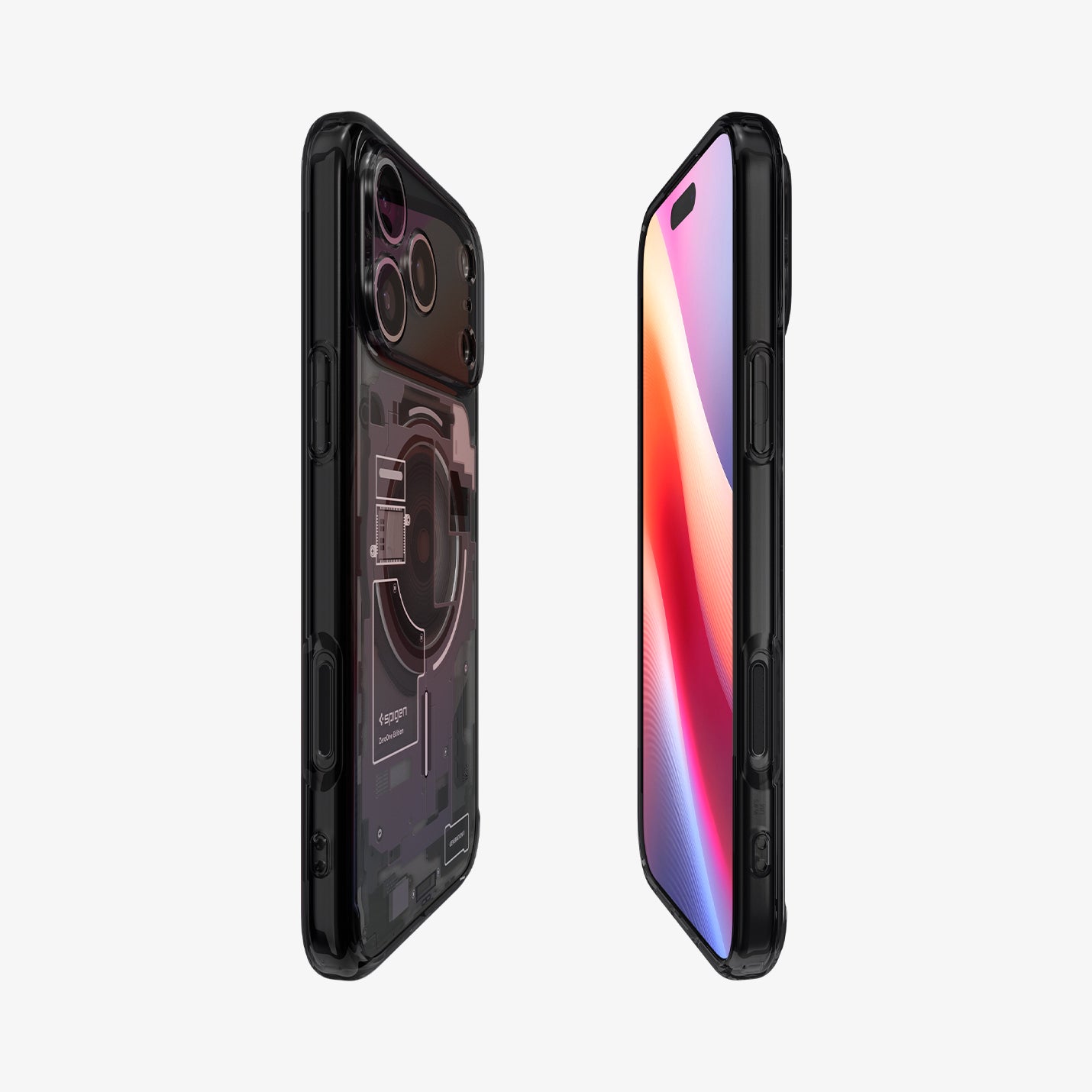 ACS10042CA - iPhone 18 Pro Max / iPhone 17 Pro Max Ultra Hybrid Zero One (MagFit) Black showing front and back angled views with a clear profile, covered buttons, and detailed teardown-inspired graphics