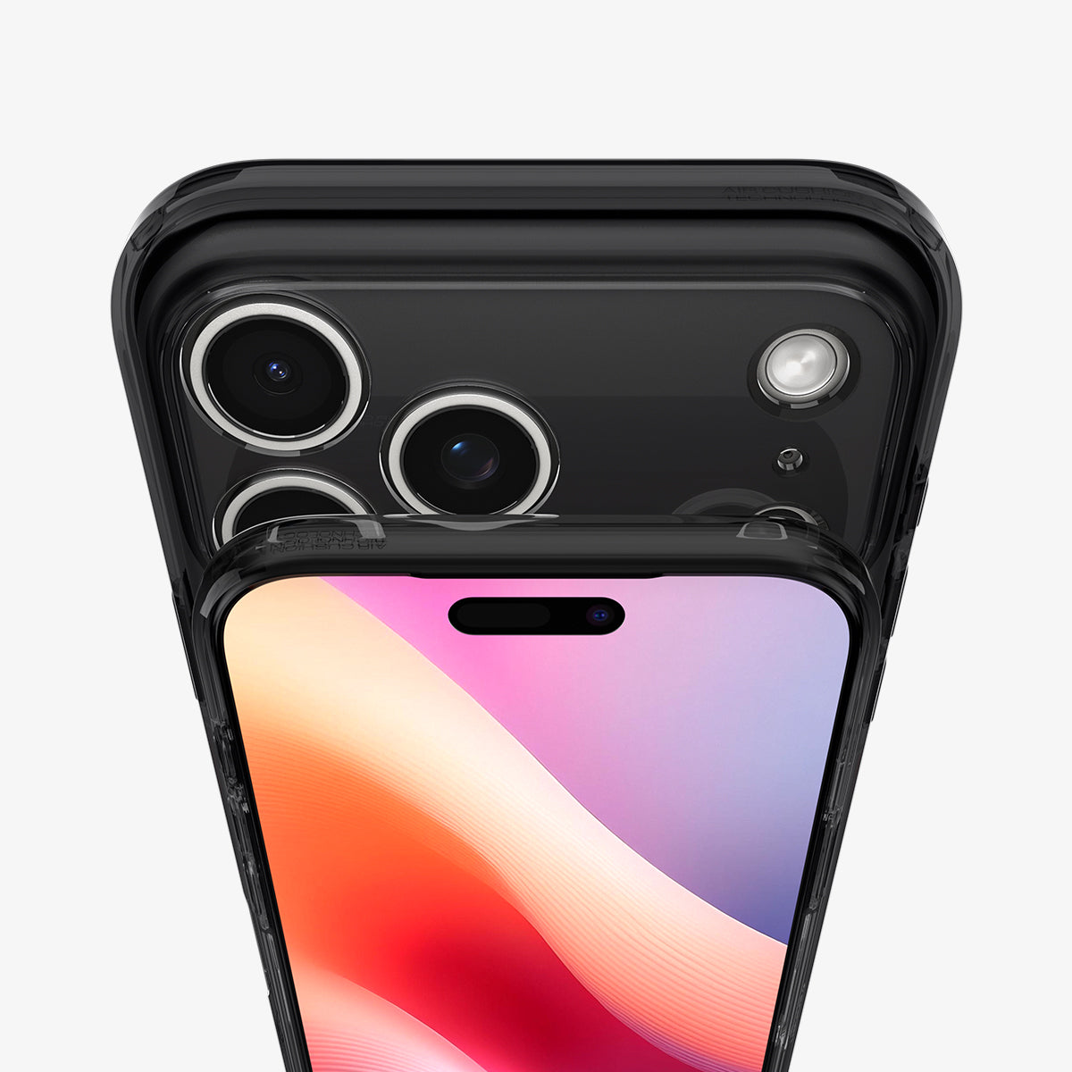 ACS10073 - iPhone 17 Pro Case Ultra Hybrid Zero One (MagFit) in Zero One Black showing the half front and partial back focusing on camera lens