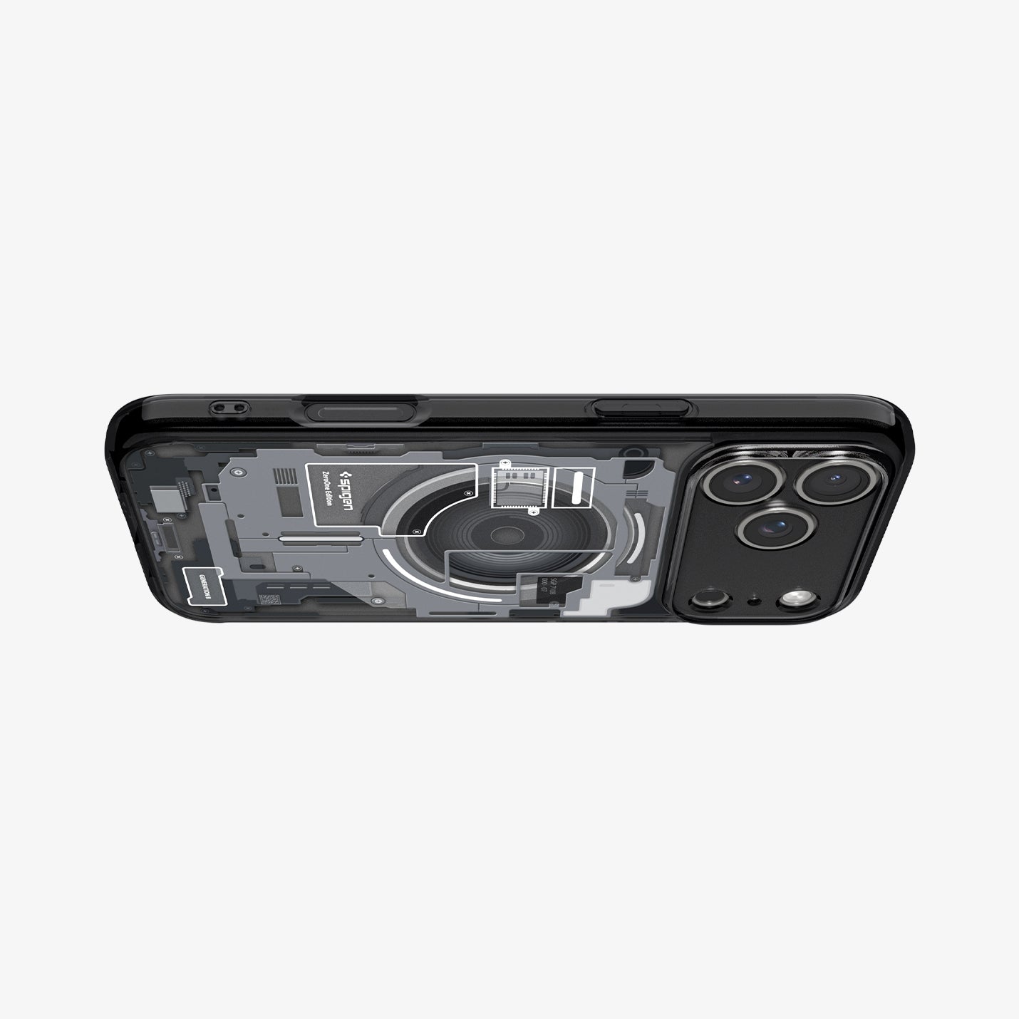 ACS10042CA - iPhone 18 Pro Max / iPhone 17 Pro Max Ultra Hybrid Zero One (MagFit) Black showing the clear case from a horizontal angle with detailed schematic graphics and camera protection
