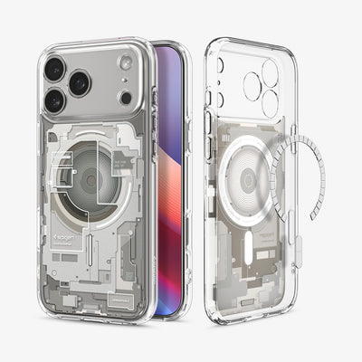 ACS10041 - iPhone 17 Pro Max Case Ultra Hybrid Zero One (MagFit) in Zero One Natural Titanium showing the back, partial front, and inner while detached magnet is hovering in front of the case