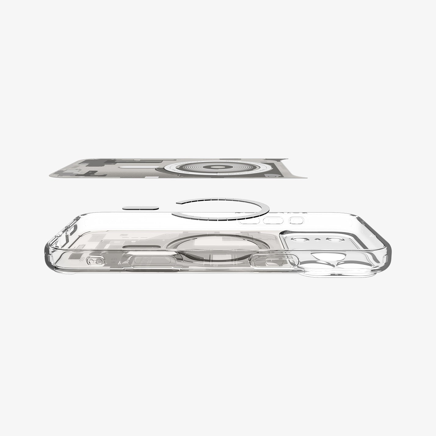 ACS10072 - iPhone 17 Pro Case Ultra Hybrid Zero One (MagFit) in Zero One Natural Titanium showing the inner sticker, hovering above the detached magnet ring and the case