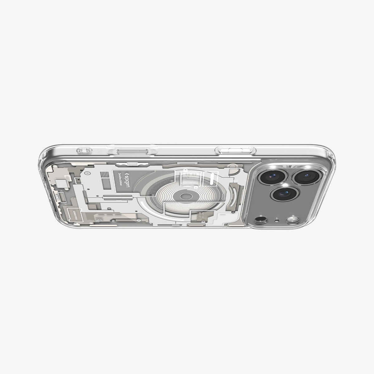 ACS10041CC -  iPhone 18 Pro Max / iPhone 17 Pro Max Ultra Hybrid Zero One (MagFit) Natural Titanium showing the clear case from a horizontal angle with detailed schematic graphics and camera protection