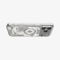 ACS10072CA - iPhone 18 Pro / iPhone 17 Pro Ultra Hybrid Zero One (MagFit) Natural Titanium showing the clear case from a horizontal angle with detailed schematic graphics and camera protection