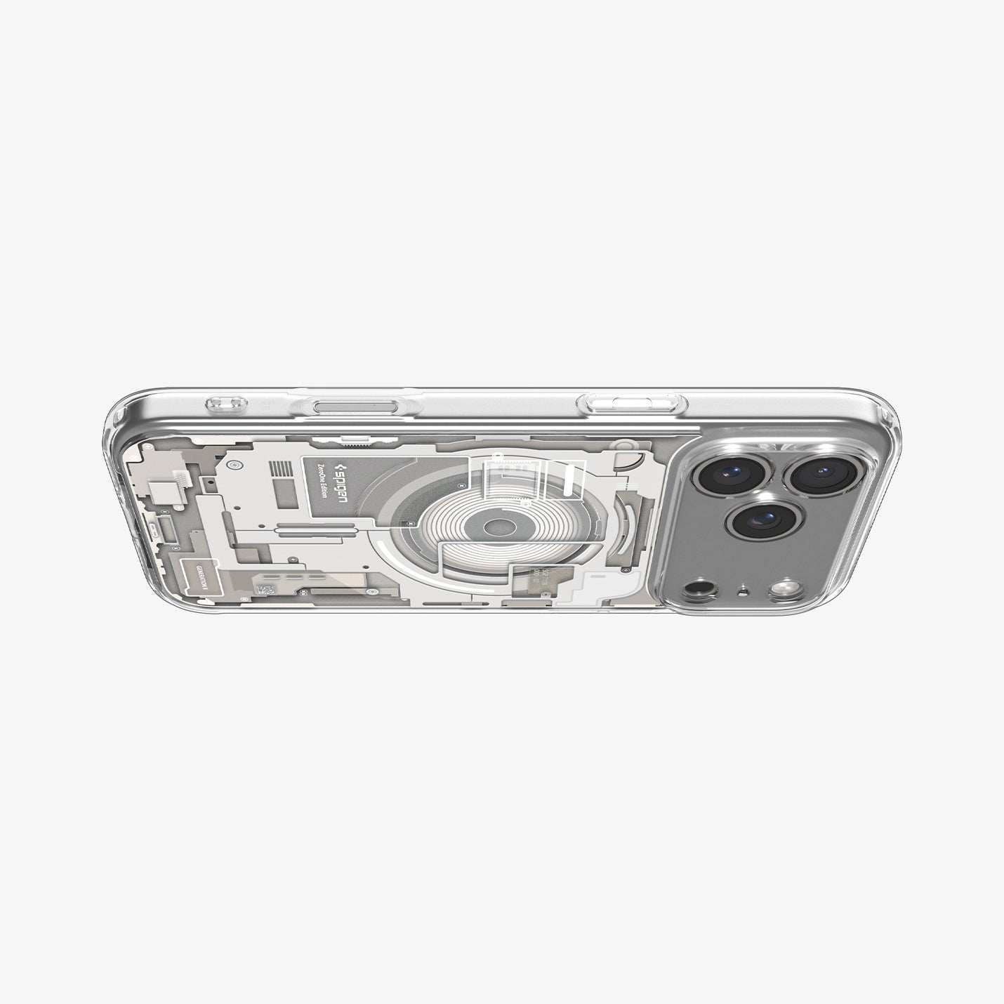 ACS10072CA - iPhone 18 Pro / iPhone 17 Pro Ultra Hybrid Zero One (MagFit) Natural Titanium showing the clear case from a horizontal angle with detailed schematic graphics and camera protection