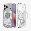 ACS10071CC - iPhone 18 Pro / iPhone 17 Pro Ultra Hybrid Zero One (MagFit) White showing front and back angled views with transparent protection and a teardown-inspired design