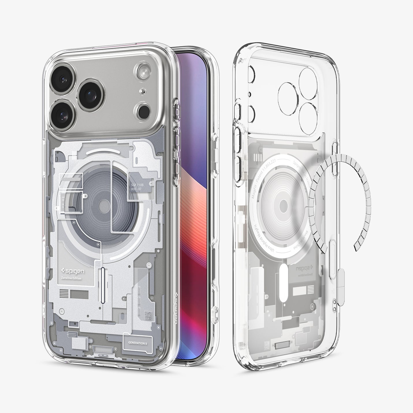 ACS10071 - iPhone 17 Pro Case Ultra Hybrid Zero One (MagFit) in Zero One White showing the back, partial front, and inner while detached magnet is hovering in front of the case