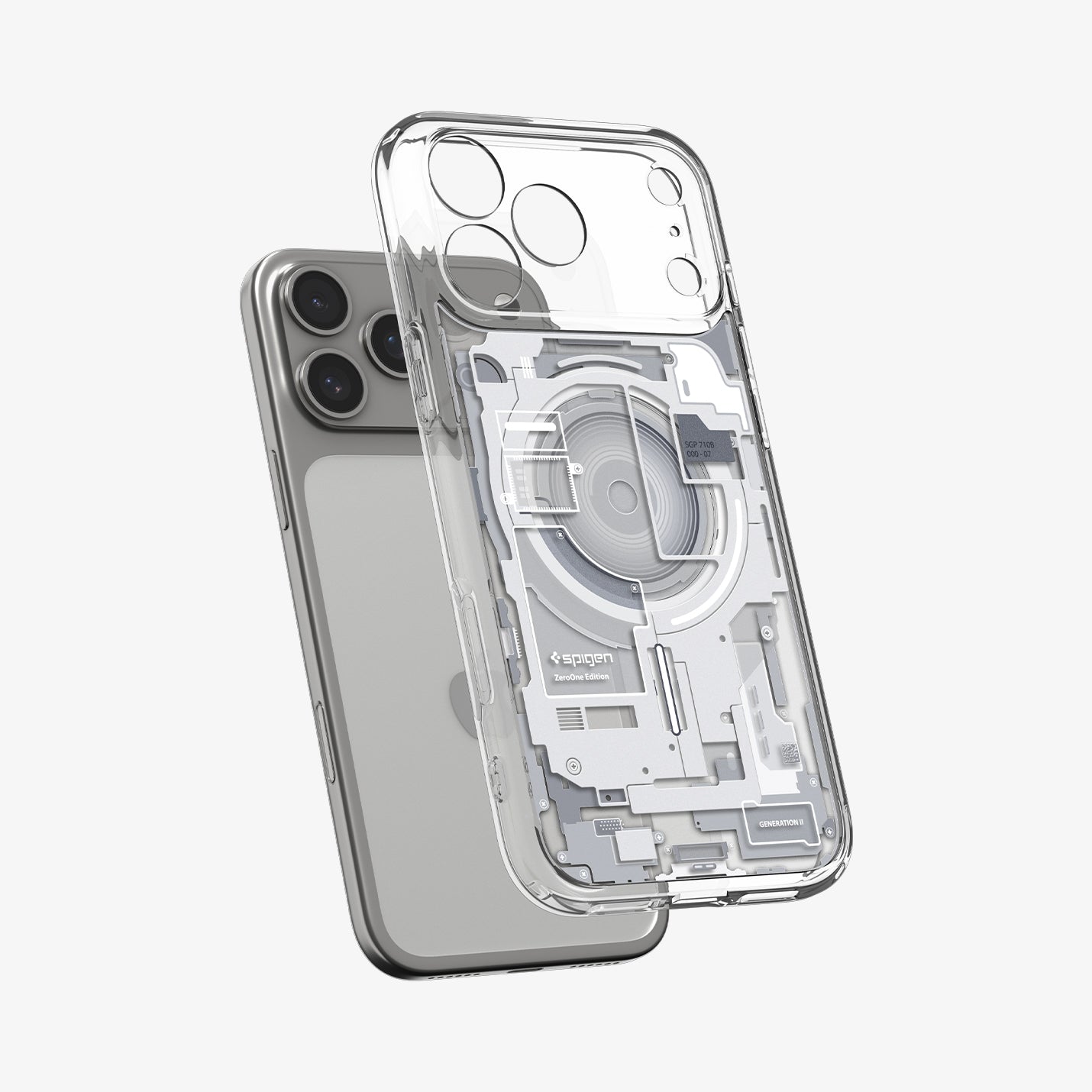 ACS10071 - iPhone 17 Pro Case Ultra Hybrid Zero One (MagFit) in Zero One White showing the back, hovering in front of the device