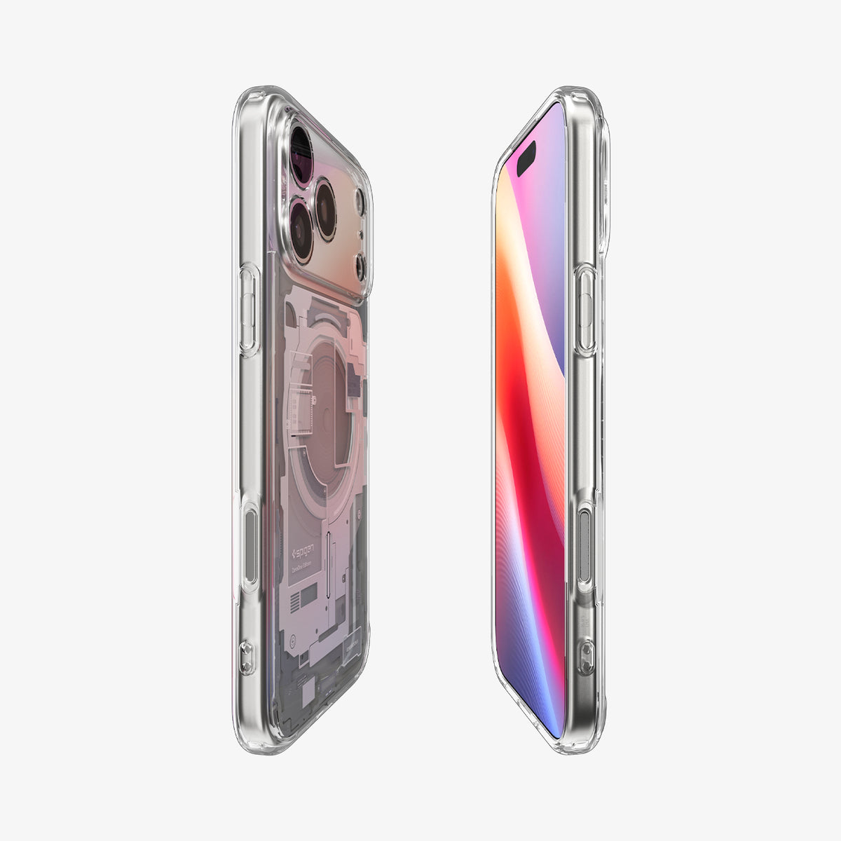 ACS10040CA - iPhone 18 Pro Max / iPhone 17 Pro Max Ultra Hybrid Zero One (MagFit) White showing front and back angled views with a clear profile, covered buttons, and detailed teardown-inspired graphics