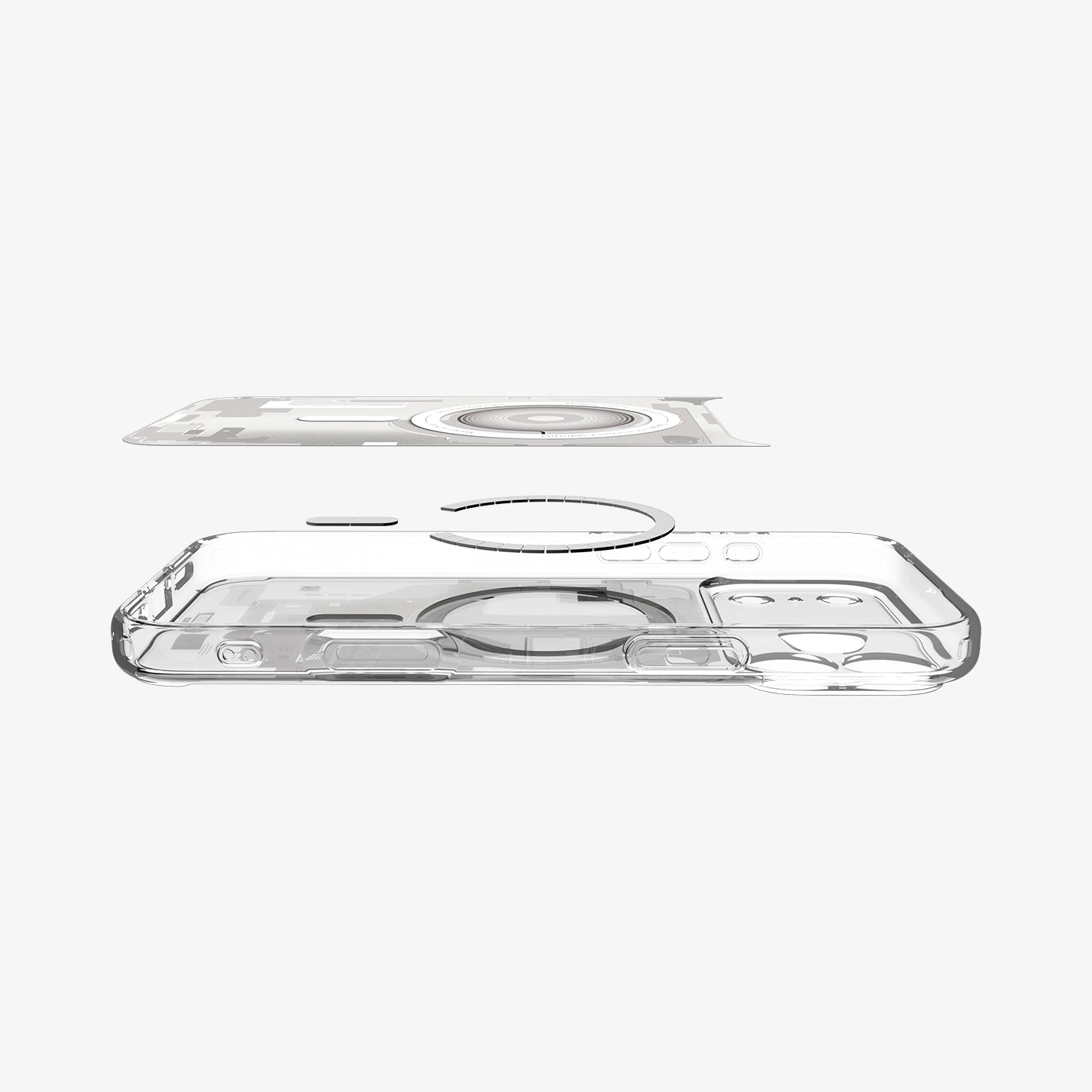 ACS10040 - iPhone 17 Pro Max Case Ultra Hybrid Zero One (MagFit) in Zero One White showing the inner sticker, hovering above the detached magnet ring and the case