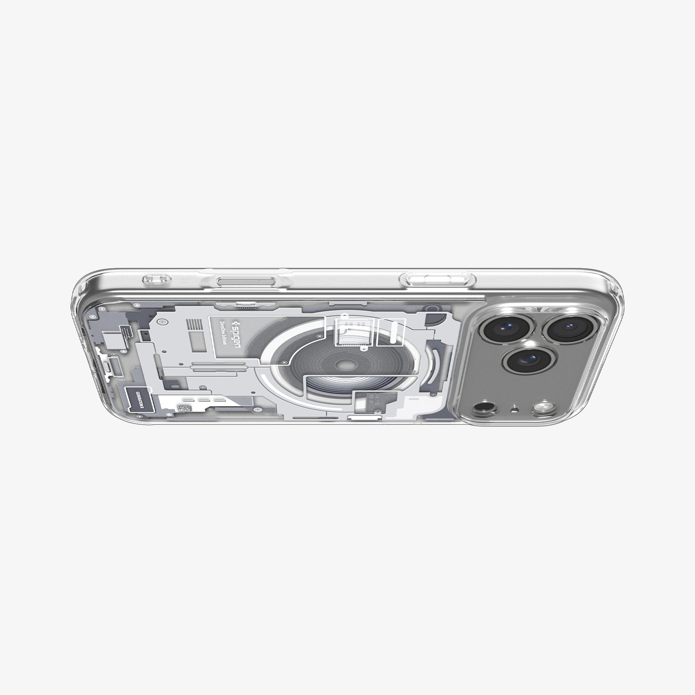 ACS10071CC - iPhone 18 Pro / iPhone 17 Pro Ultra Hybrid Zero One (MagFit) White showing the clear case from a horizontal angle with detailed schematic graphics and camera protection