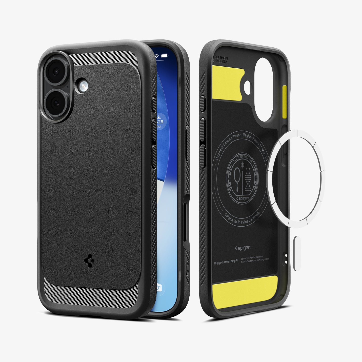 ACS09975 - iPhone 17 Rugged Armor (MagFit) in Matte Black showing the back, partial sides, front, inner of the case and metal ring plate hovering in front