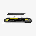 ACS09975 - iPhone 17 Rugged Armor (MagFit) in Matte Black showing the detached inner soft layer cover hovering above the detached metal ring plate and the inner of the case