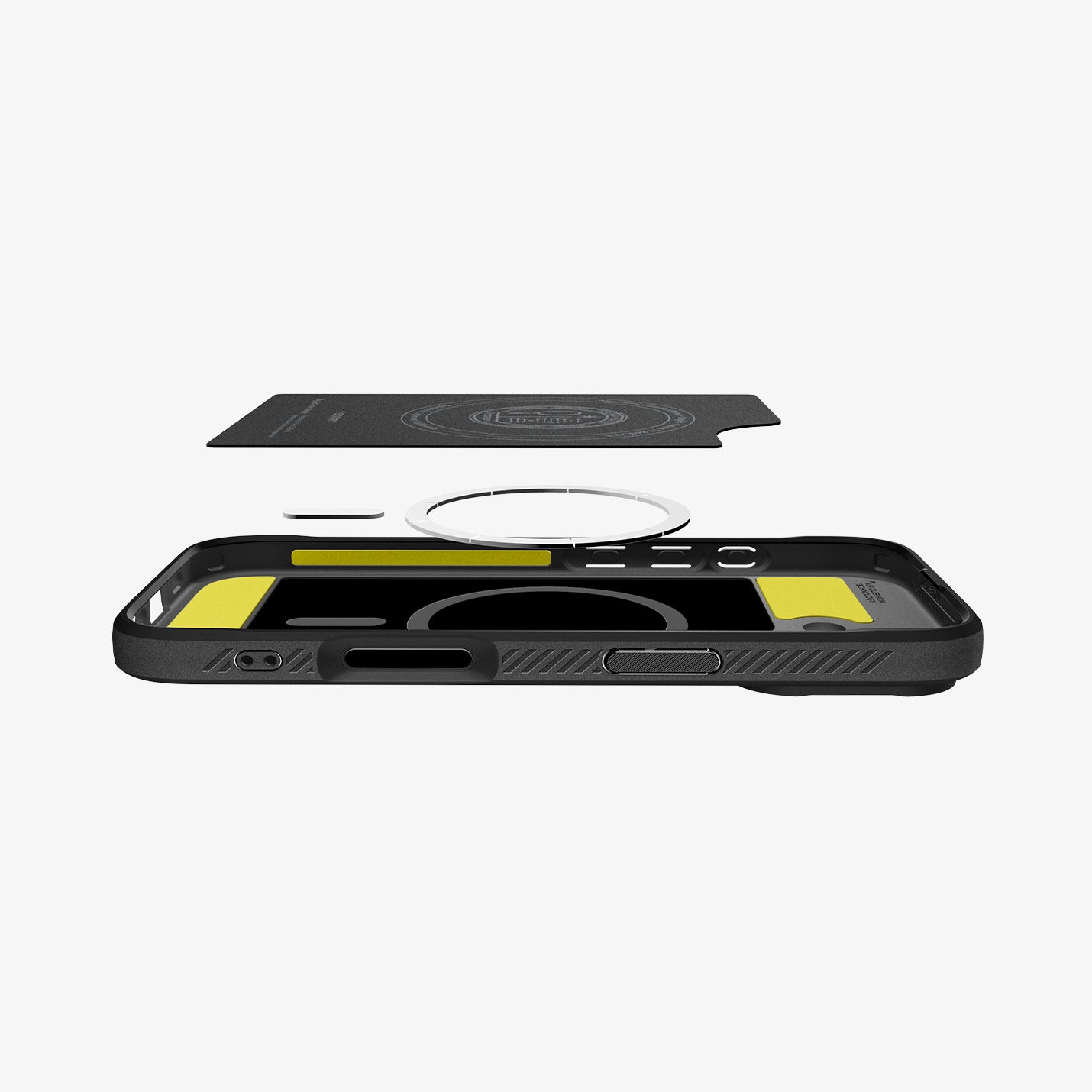 ACS09975 - iPhone 17 Rugged Armor (MagFit) in Matte Black showing the detached inner soft layer cover hovering above the detached metal ring plate and the inner of the case