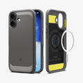 ACS09976 - iPhone 17 Rugged Armor (MagFit) in Gray showing the back, partial sides, front, inner of the case and metal ring plate hovering in front