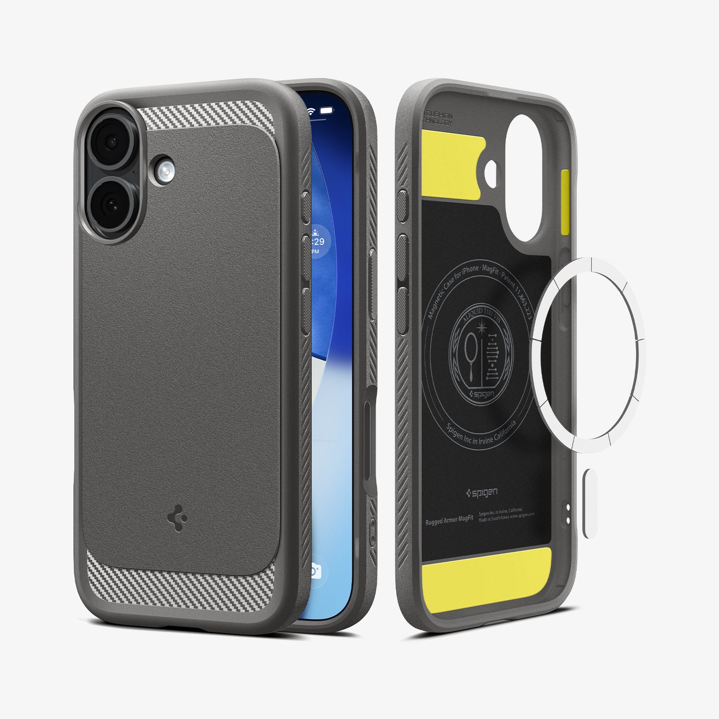ACS09976 - iPhone 17 Rugged Armor (MagFit) in Gray showing the back, partial sides, front, inner of the case and metal ring plate hovering in front