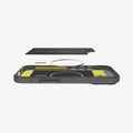 ACS09976 - iPhone 17 Rugged Armor (MagFit) in Gray showing the detached inner soft layer cover hovering above the detached metal ring plate and the inner of the case