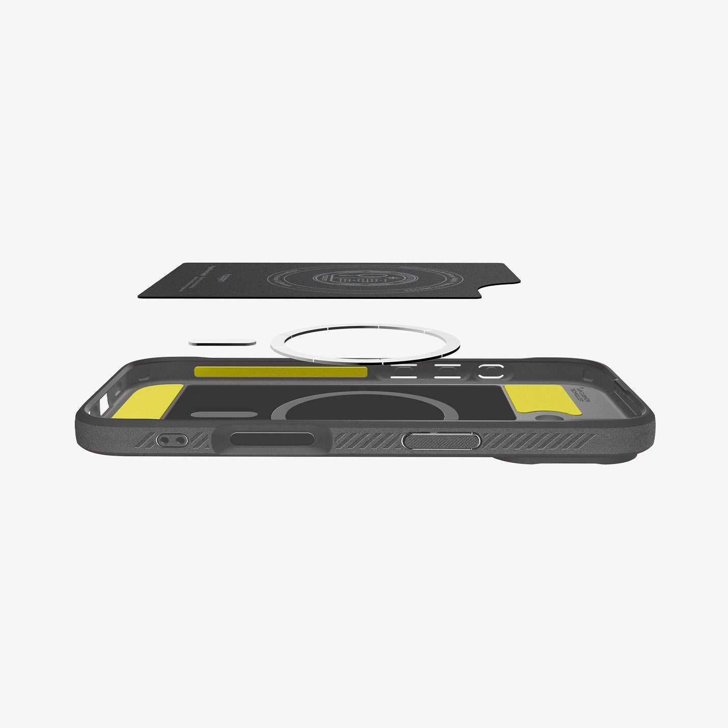 ACS09976 - iPhone 17 Rugged Armor (MagFit) in Gray showing the detached inner soft layer cover hovering above the detached metal ring plate and the inner of the case