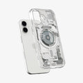 ACS10088 - iPhone 17 Ultra Hybrid Zero One (MagFit) in Zero One Natural Titanium showing the front of layer hovering above the magfit magnet plate and the case
