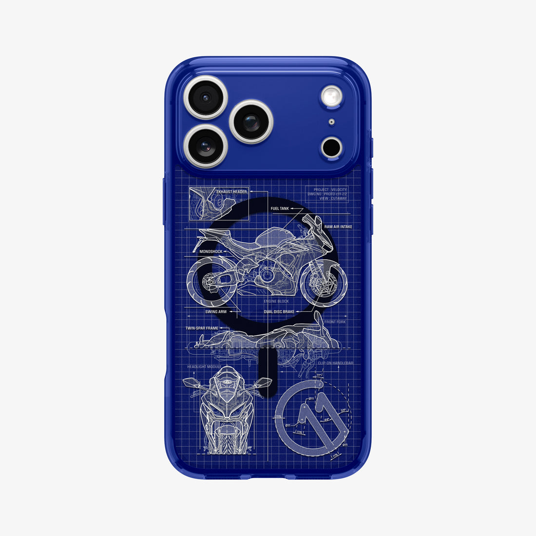 ACS12203 - Close-up of the Spigen C11 Velocity case for iPhone in blue, showing the motorcycle blueprint print detail and camera cutout