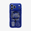 ACS12204 - Close-up of the Spigen C11 Velocity case for iPhone in blue, showing the motorcycle blueprint print detail and camera cutout