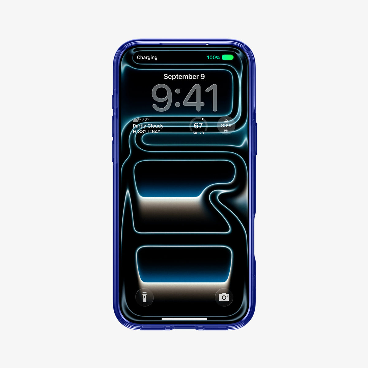 ACS12203 - Front view of an iPhone in the Spigen C11 Velocity case, showing the lock screen with time, weather, and battery percentage