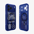 ACS12203 - Back and front view of the Spigen C11 Velocity iPhone case, showing the motorcycle blueprint design and the MagSafe ring with Spigen branding and QR code