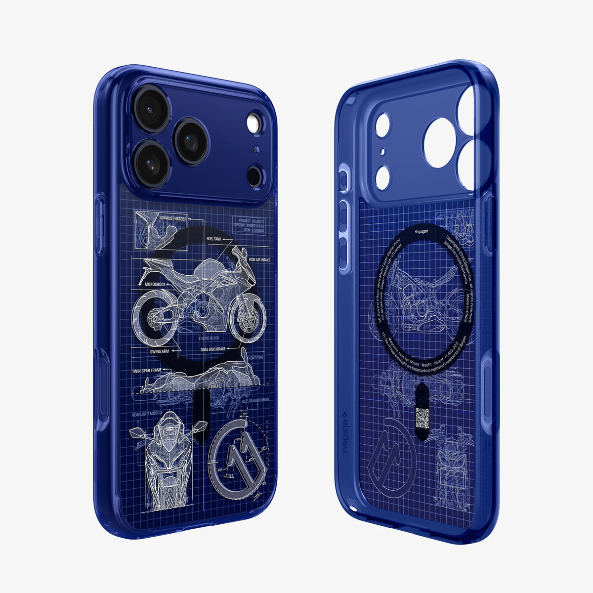 ACS12204 - Back and front view of the Spigen C11 Velocity iPhone case, showing the motorcycle blueprint design and the MagSafe ring with Spigen branding and QR code