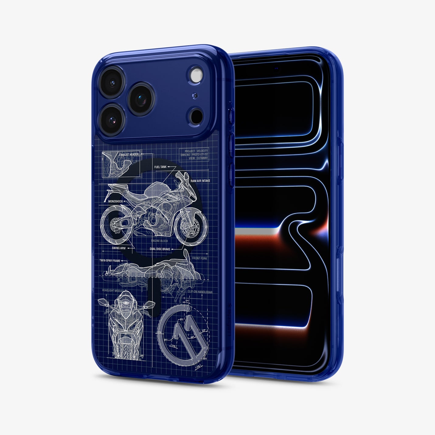 ACS12204 - Front and back view of the Spigen C11 Velocity iPhone case, showing the camera cutout with motorcycle blueprint print on the back and the phone's lock screen on front