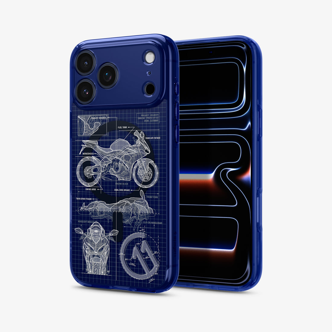 ACS12203 - Front and back view of the Spigen C11 Velocity iPhone case, showing the camera cutout with motorcycle blueprint print on the back and the phone's lock screen on front