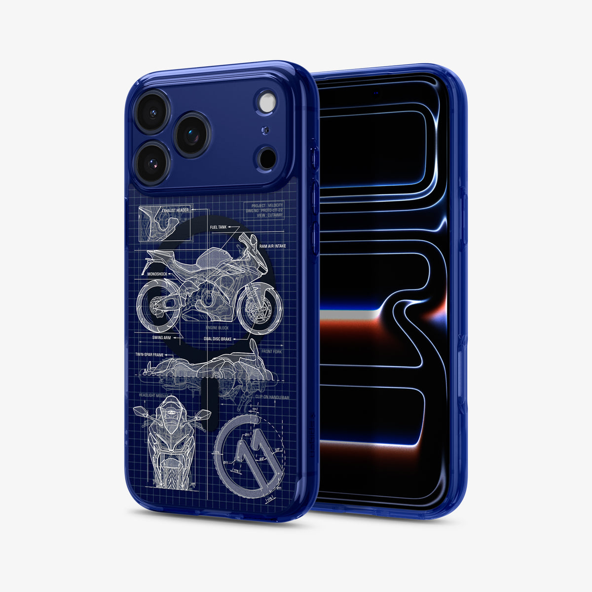 ACS12203 - Front and back view of the Spigen C11 Velocity iPhone case, showing the camera cutout with motorcycle blueprint print on the back and the phone's lock screen on front