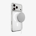 ACS11925 - iPhone 18 Pro / iPhone 17 Pro Crystal Flex (Mag Fit) showing the built-in magnetic ring securely attached to a magnetic charging accessory.