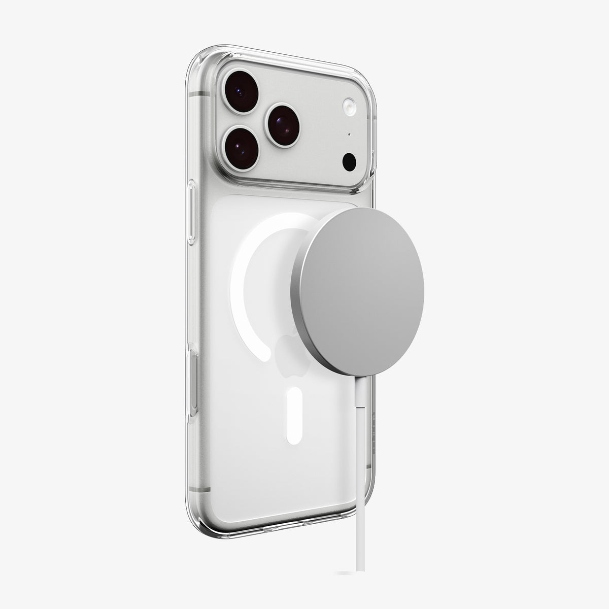ACS11925 - iPhone 18 Pro / iPhone 17 Pro Crystal Flex (Mag Fit) showing the built-in magnetic ring securely attached to a magnetic charging accessory.