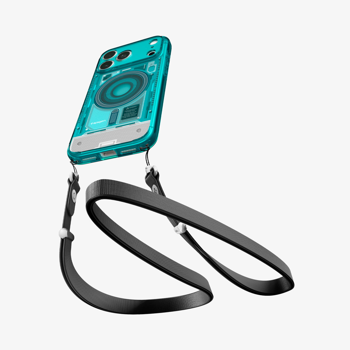 ACS11756 - iPhone 18 Pro / iPhone 17 Pro Ultra Hybrid C-One (Mag Fit) Bondi Blue showing the case with a detachable crossbody strap connected through built-in lanyard holes