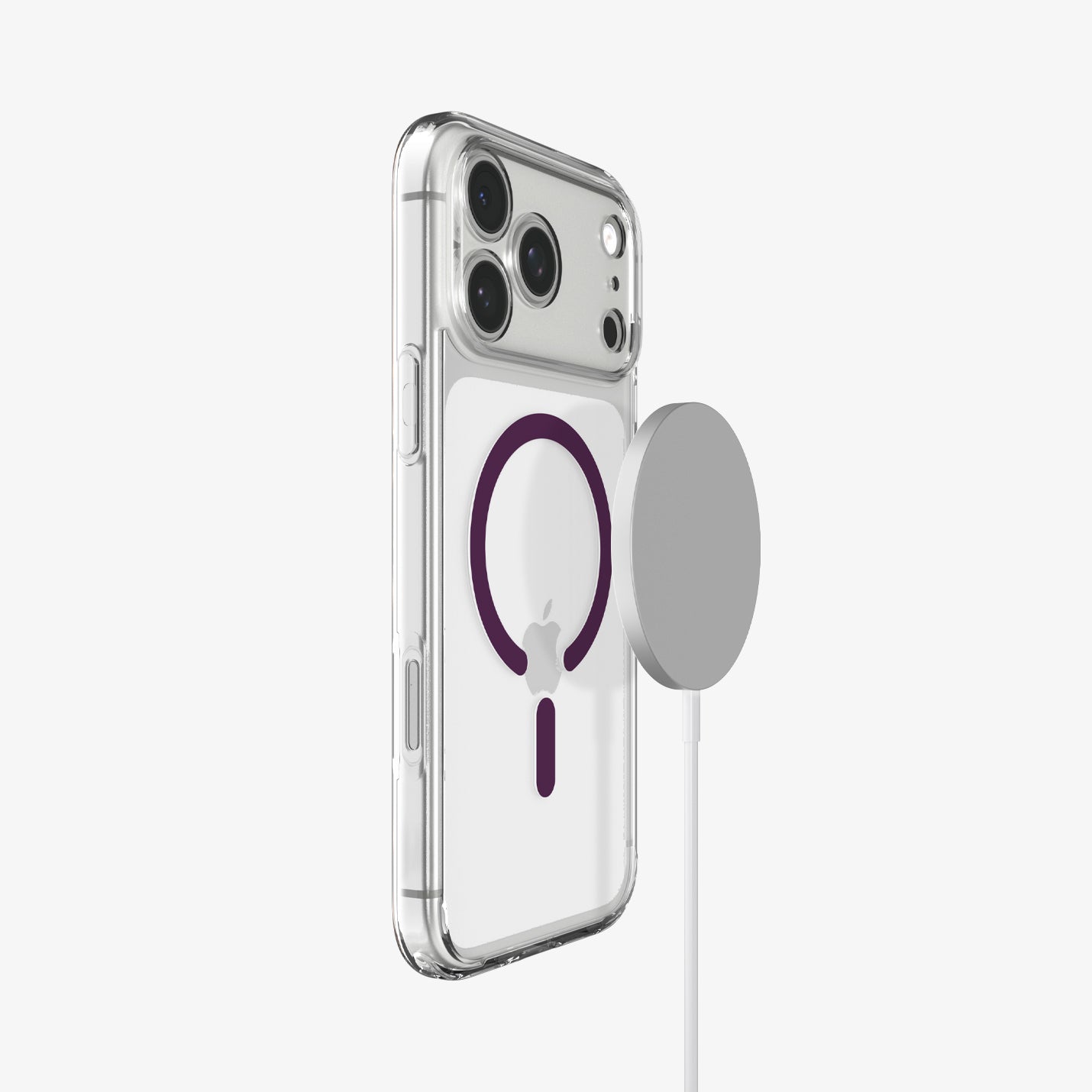 ACS12335 - iPhone 18 Pro / iPhone 17 Pro Ultra Hybrid (MagFit) in Clear Dark Cherry showing the front of layer hovering above the magfit magnet plate and the case