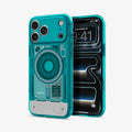 ACS11754 - iPhone 18 Pro Max / iPhone 17 Pro Max Ultra Hybrid C-One (Mag Fit) Bondi Blue showing a transparent case with a detailed internal-inspired design and integrated magnetic ring